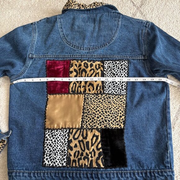 Agapo Denim Jacket Leopard Print & Patchwork 90s Y2K Statement Jean Jacket - Picture 4 of 7
